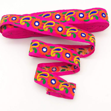 Fuchsia Pink Floral Mirrored Trim With Orange Flowers And Yellow Paisley Embroidery, Decorative Trimming, Trim By 3 Yards